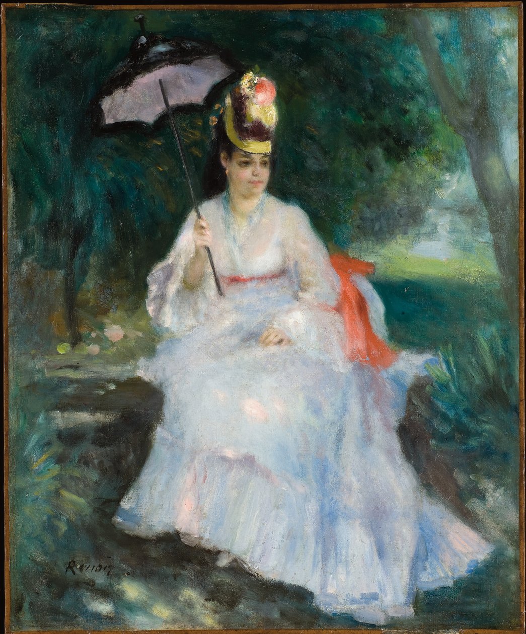 Kvinne med parasoll sittende i hagen (Lise Trehot) av Pierre Auguste Renoir