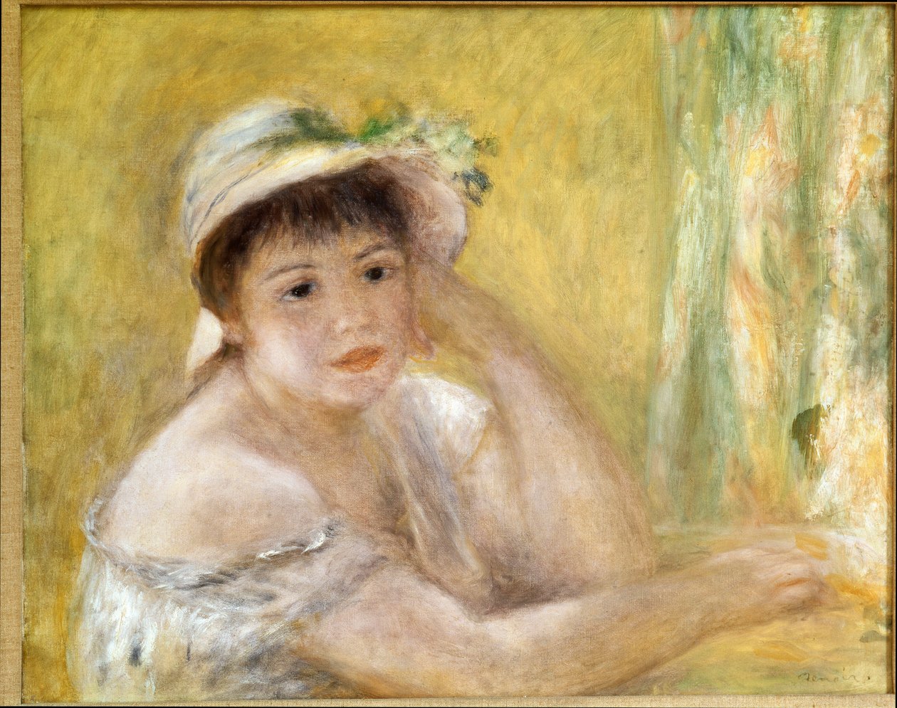 Kvinne med stråhatt. Maleri av Pierre Auguste Renoir (Pierre-Auguste av Pierre Auguste Renoir