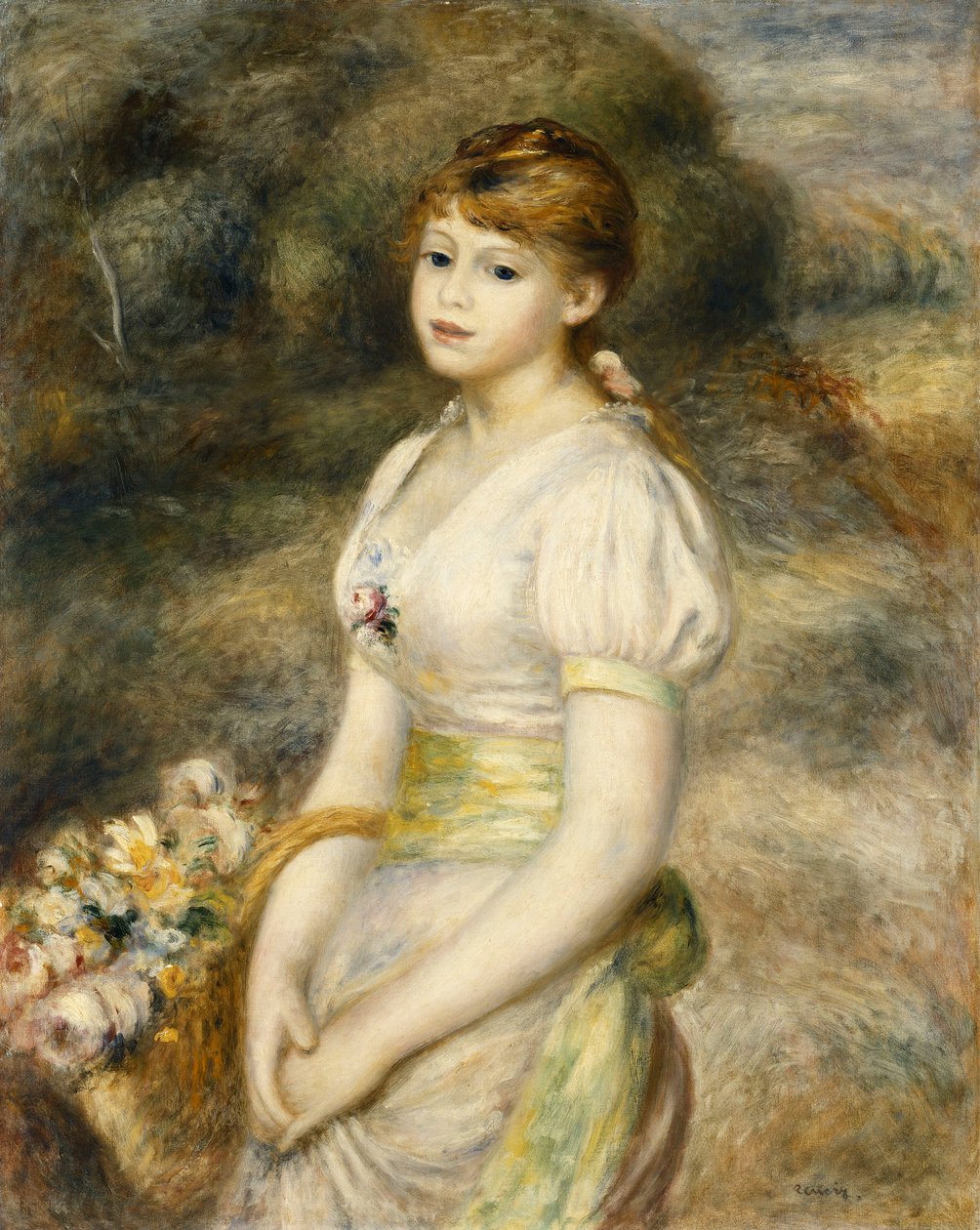 Ung jente som bærer en kurv med blomster; Ung jente som bærer en kurv med blomster, 1888 av Pierre Auguste Renoir