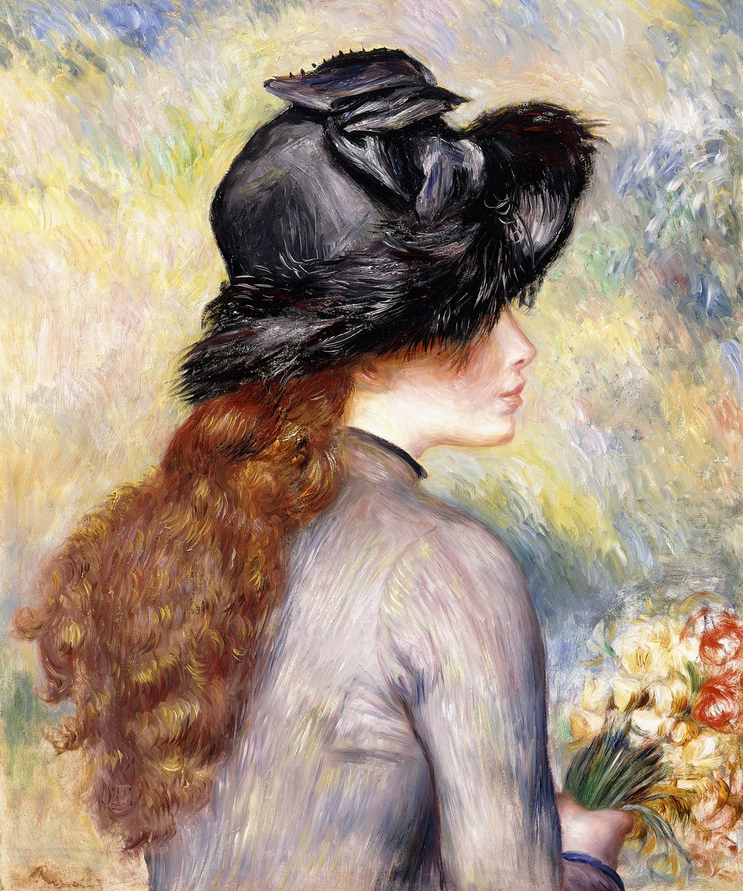 Ung jente som holder en bukett tulipaner, ca. 1878 av Pierre Auguste Renoir