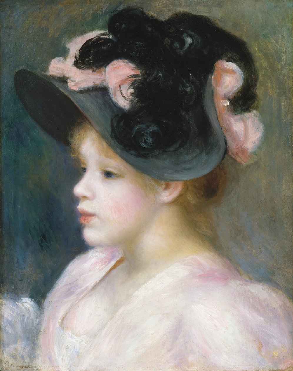Ung jente i en rosa og svart hatt, ca. 1891. av Pierre Auguste Renoir