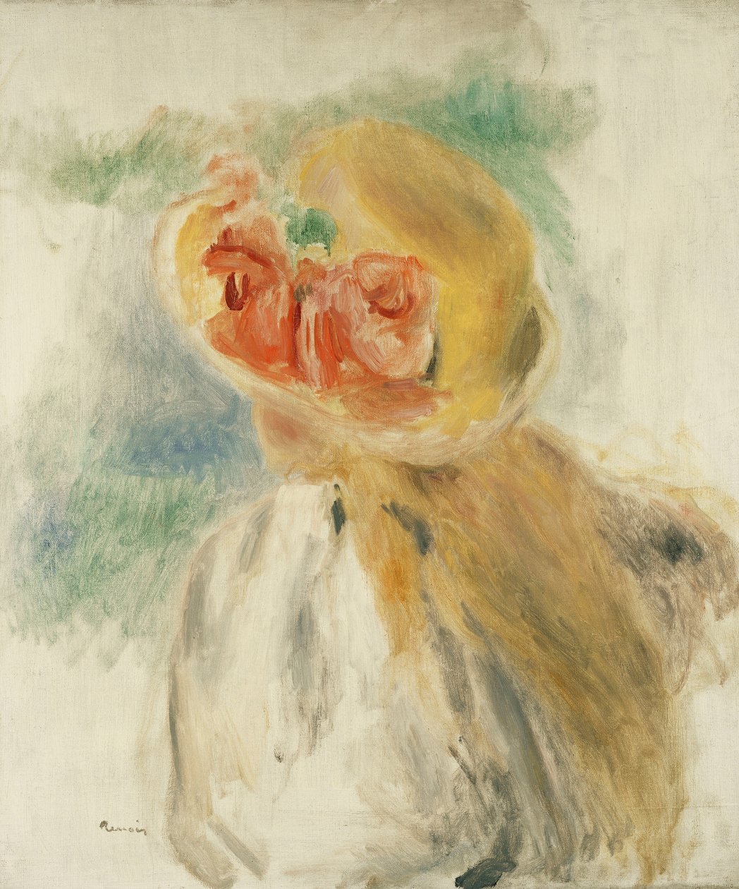 Ung jente med blomster i hatten hennes; Ung jente i en blomstret hatt, ca. 1900-1905 av Pierre Auguste Renoir