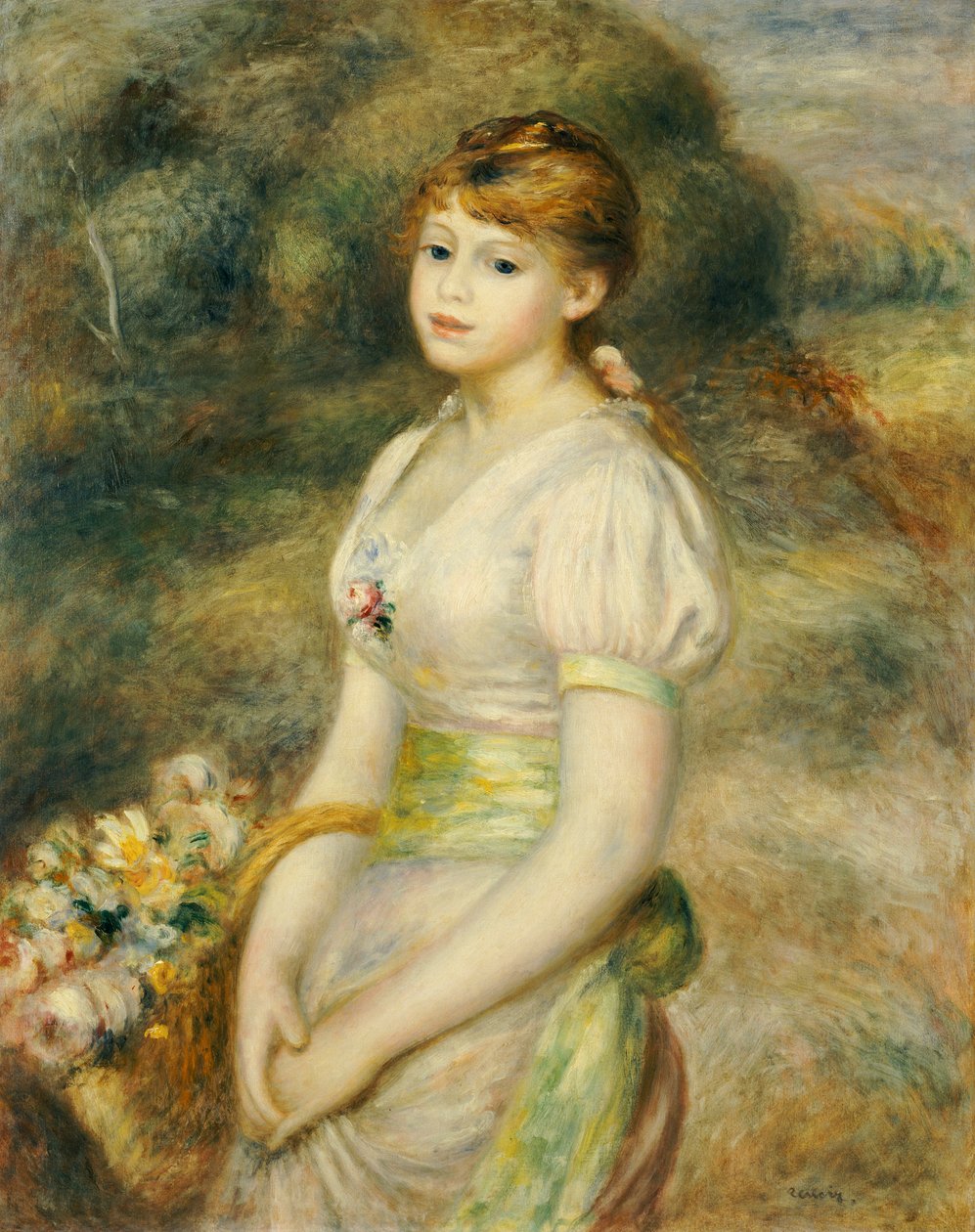Ung jente med en kurv med blomster (olje på lerret) av Pierre Auguste Renoir