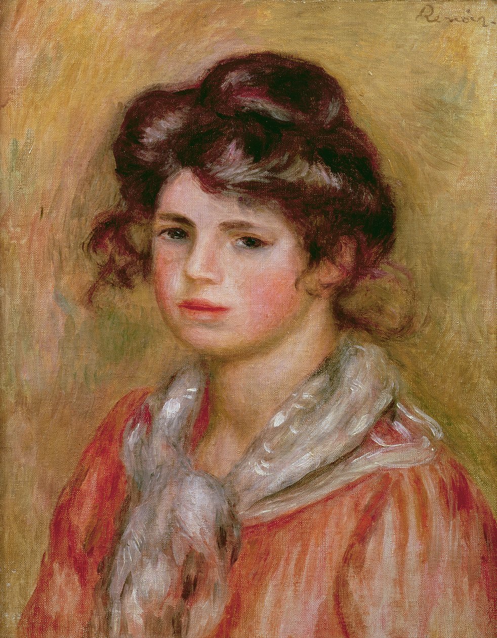 Ung jente med et hvitt lommetørkle, ca. 1907 av Pierre Auguste Renoir