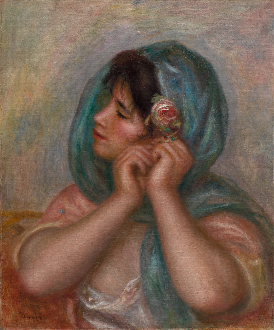 Ung kvinne som arrangerer øredobben hennes av Pierre Auguste Renoir