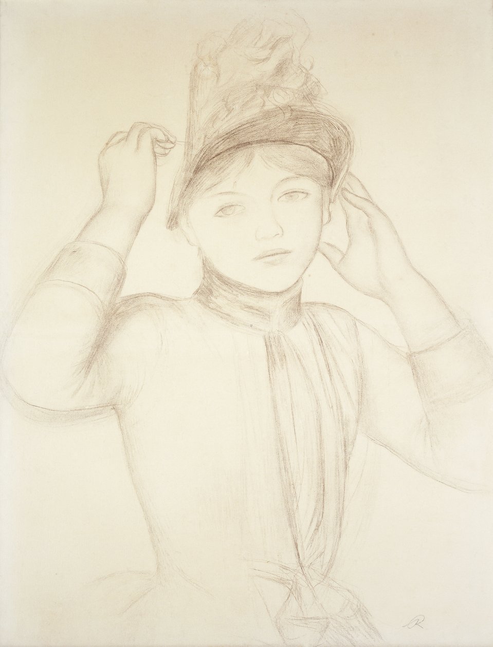 ung kvinne som arrangerer hatten hennes; Ung jente som ordner hatten sin, ca. 1885 av Pierre Auguste Renoir