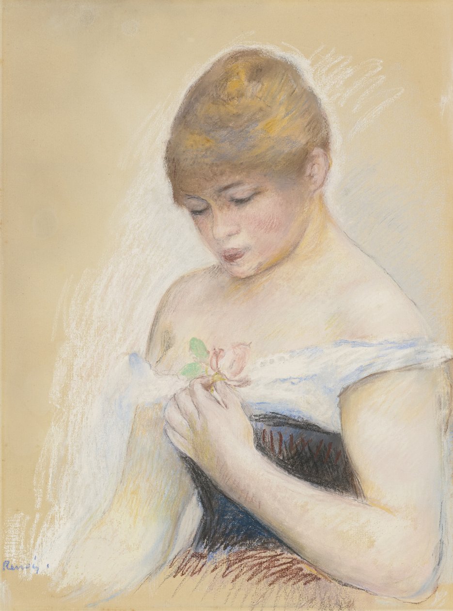 Ung Kvinne Holder En Blomst. Portrett av skuespillerinnen Jeanne Samary, ca. 1880 av Pierre Auguste Renoir
