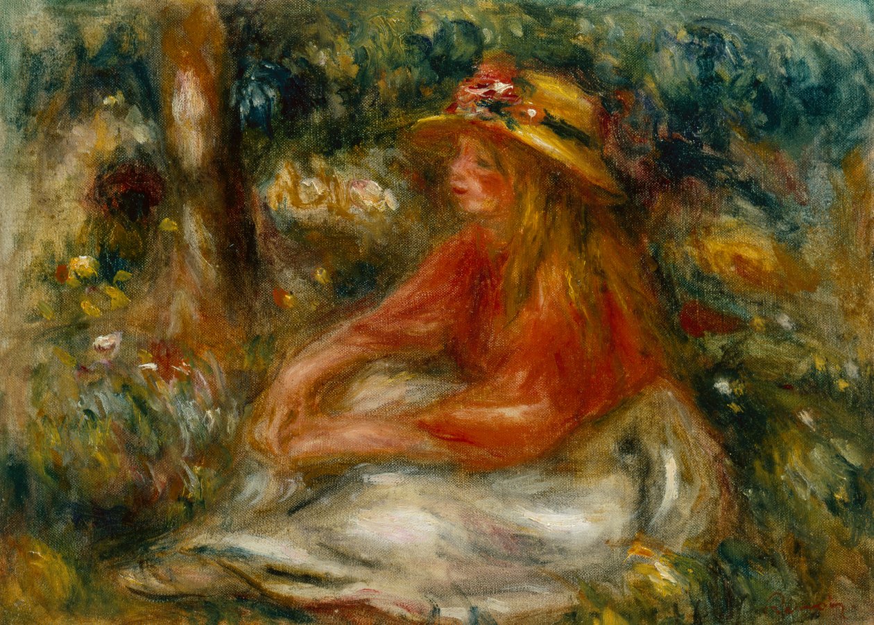 Ung kvinne sitter på gresset (olje på lerret) av Pierre Auguste Renoir