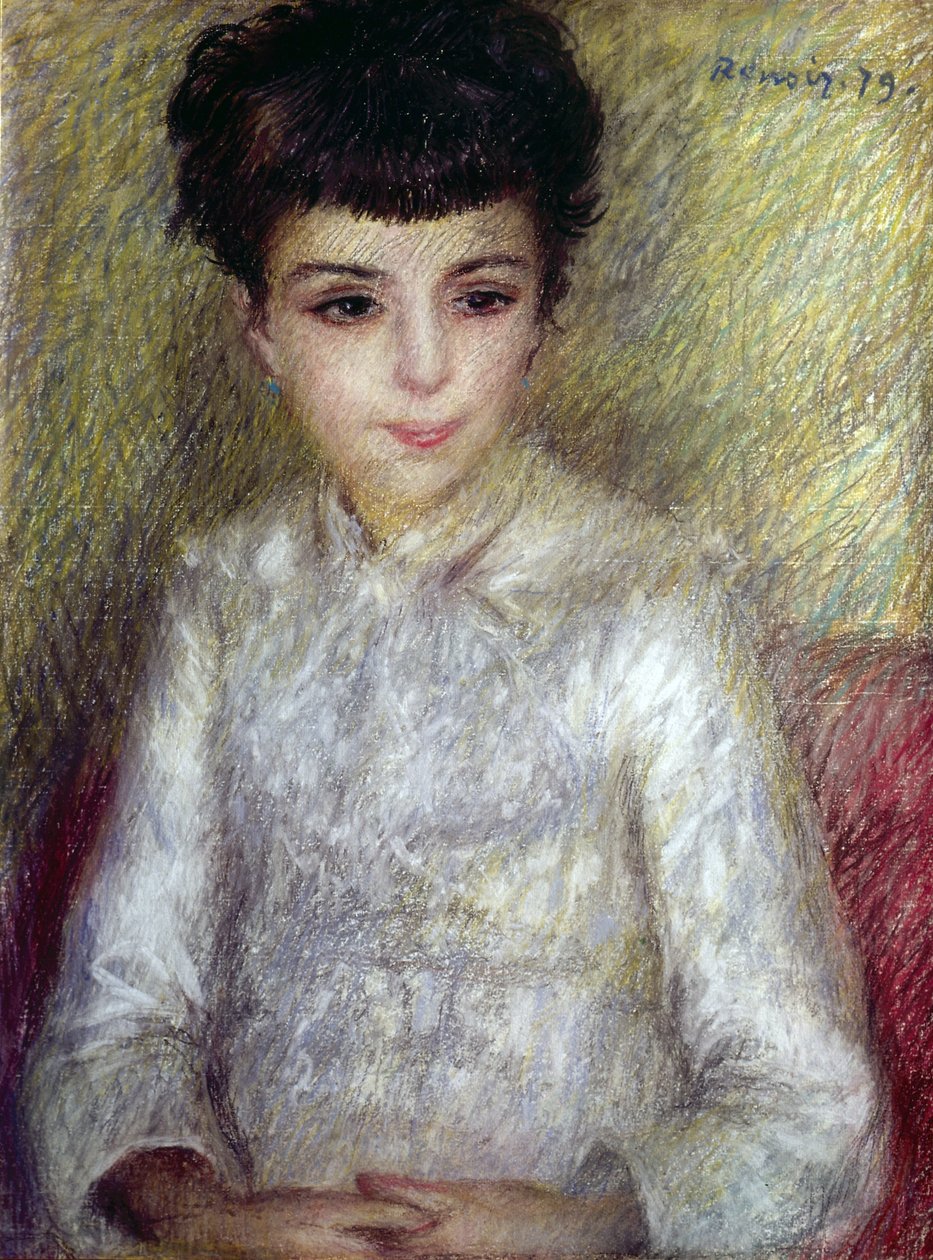 Ung brunette jente sitter med hendene i kryss av Pierre Auguste Renoir