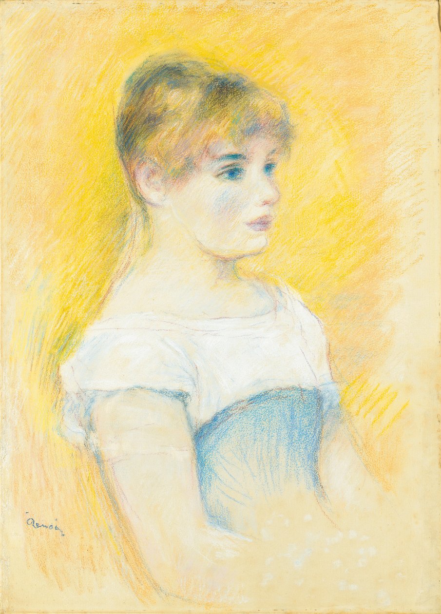 Ung jente i blått korsett av Pierre Auguste Renoir