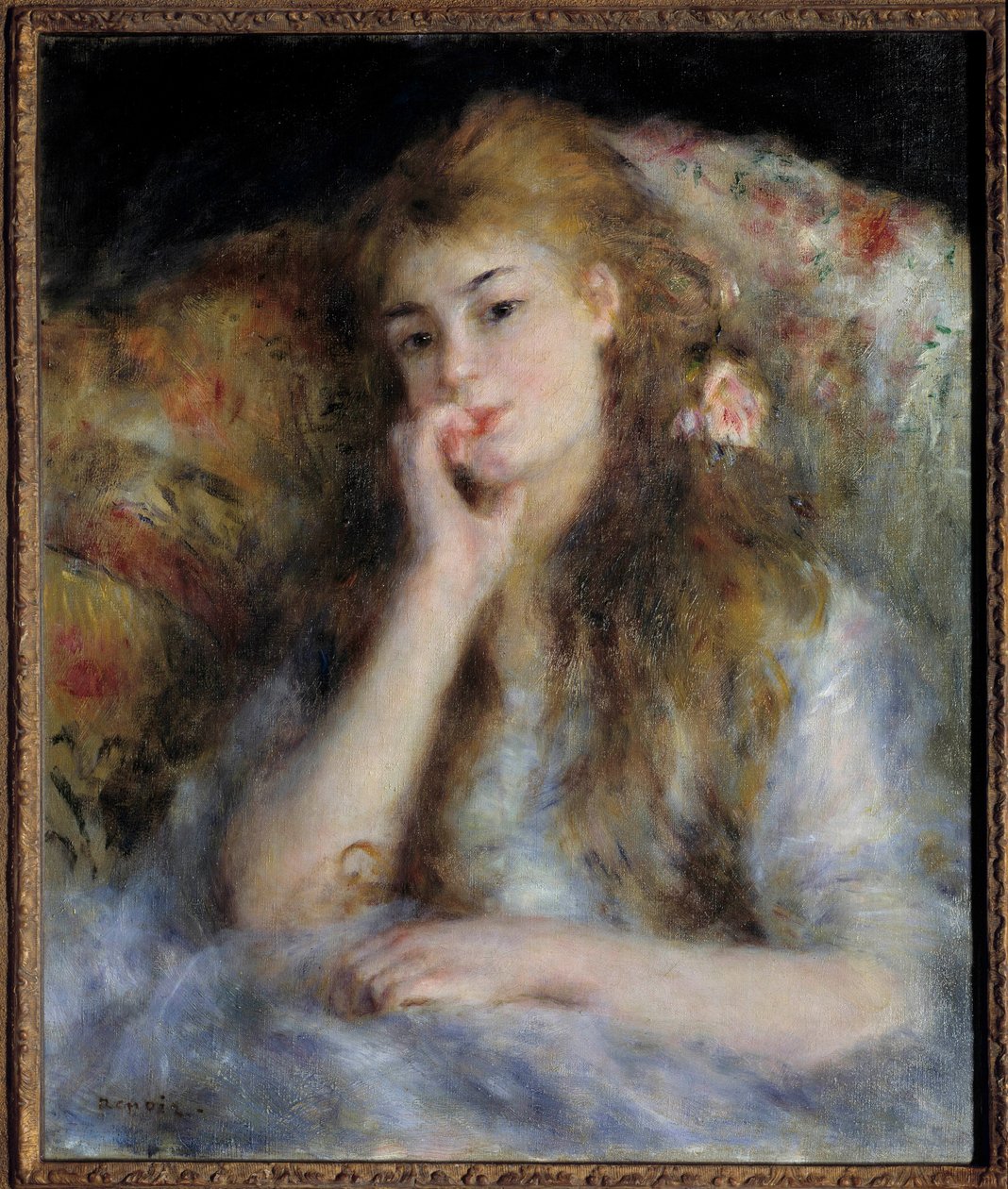 Ung jente som sitter eller "" tanken"" Maleri av Pierre Auguste Renoir (1841-1919) 1876 Privat samling - Ung kvinne sittende eller "" Tanken""". Maleri av Pierre Auguste Renoir (1841-1919) av Pierre Auguste Renoir