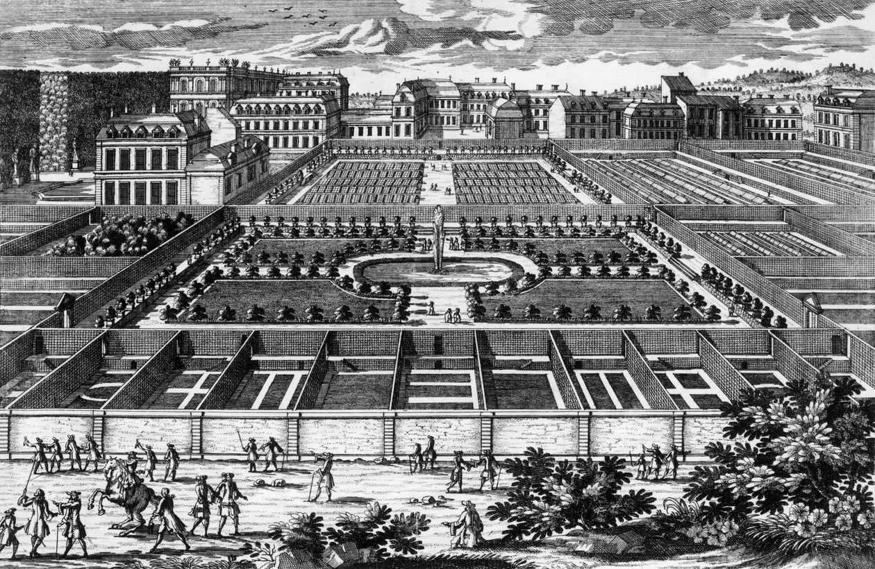 Utsikt over kjøkkenhagen i Versailles på Louis XIVs tid, gravering av Aveline av Pierre Aveline