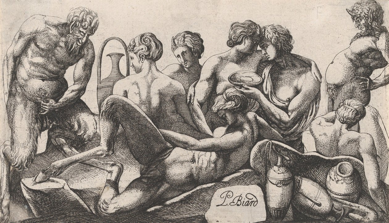 Åtte satyrer og satyrinner som fullfører et måltid, 1607-61. av Pierre Biard