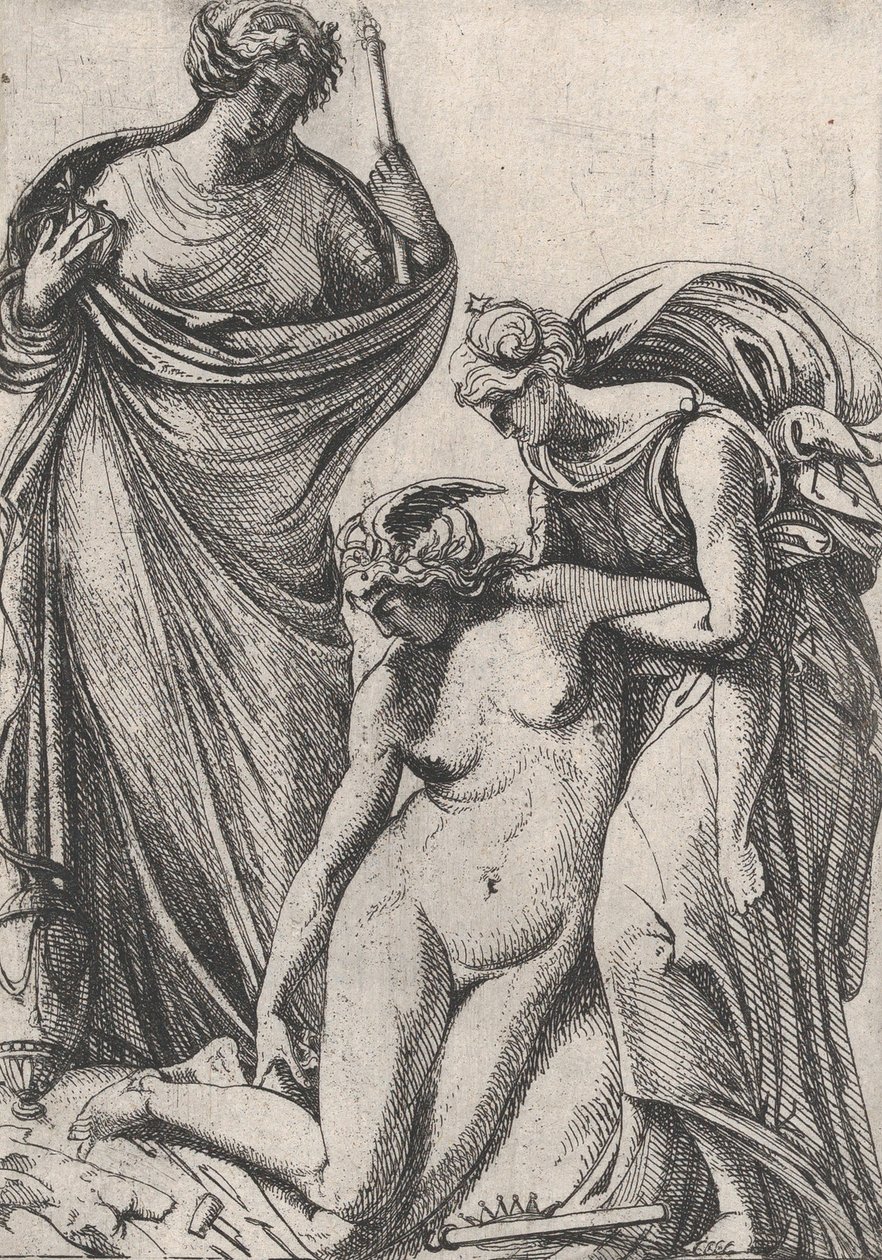 Studie som støtter den besvimende personifiseringen av skulptur, stående ved siden av dem, Fran..., 1607-61. av Pierre Biard