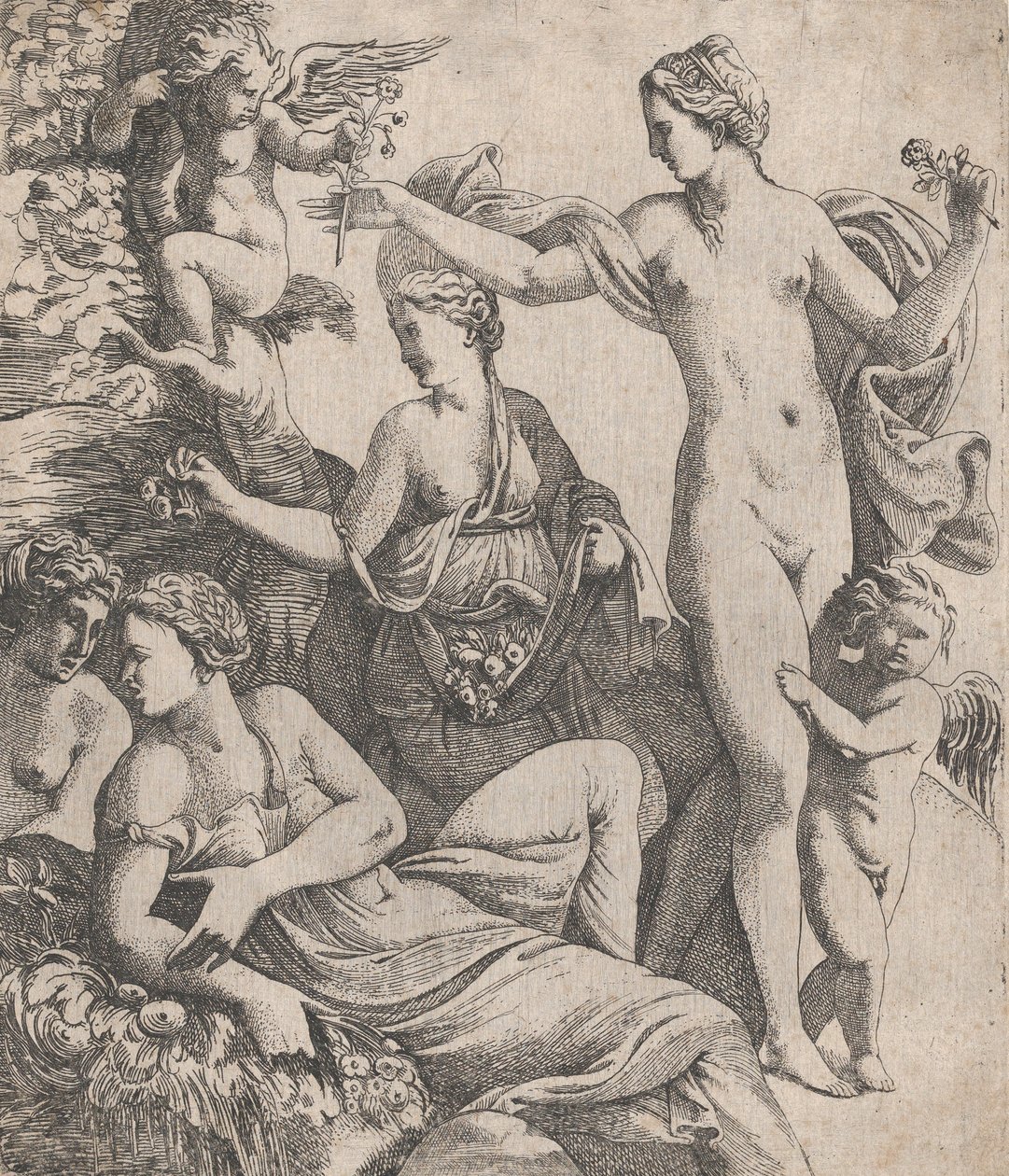 Venus, stående med de tre nådene, blir tilbudt en blomst fra en putto, 1607-61. av Pierre Biard