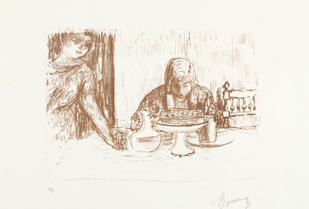 Mann og kvinne ved et dekket bord med fat og karaffel La coupe et le compotier av Pierre Bonnard (signed by artist)