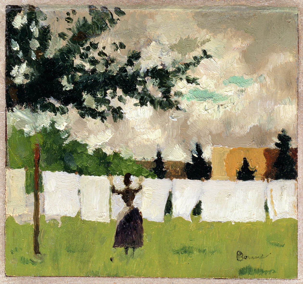 Kvinne hengende klær, ca. 1892 (olje på papir på panel) av Pierre Bonnard