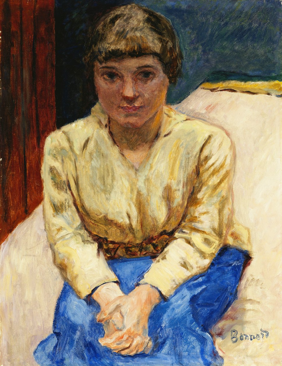 Jente sitter, med hendene i kryss; Young Girl Seated, Les Mans Croisees, ca. 1916 (olje på lerret) av Pierre Bonnard