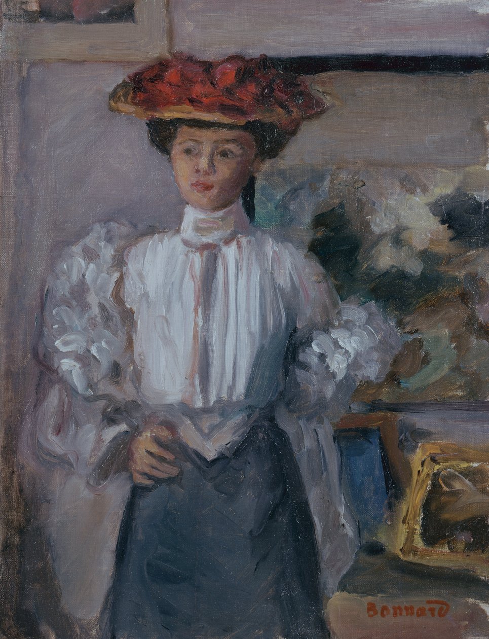 Jente med hatt (olje på lerret) av Pierre Bonnard