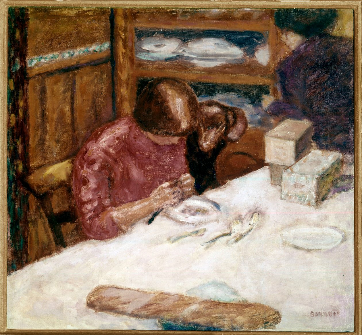 Interiør Kvinne opptatt med hjemlige flekker. Maleri av Pierre Bonnard (1867-1947) 1914 Privat samling av Pierre Bonnard