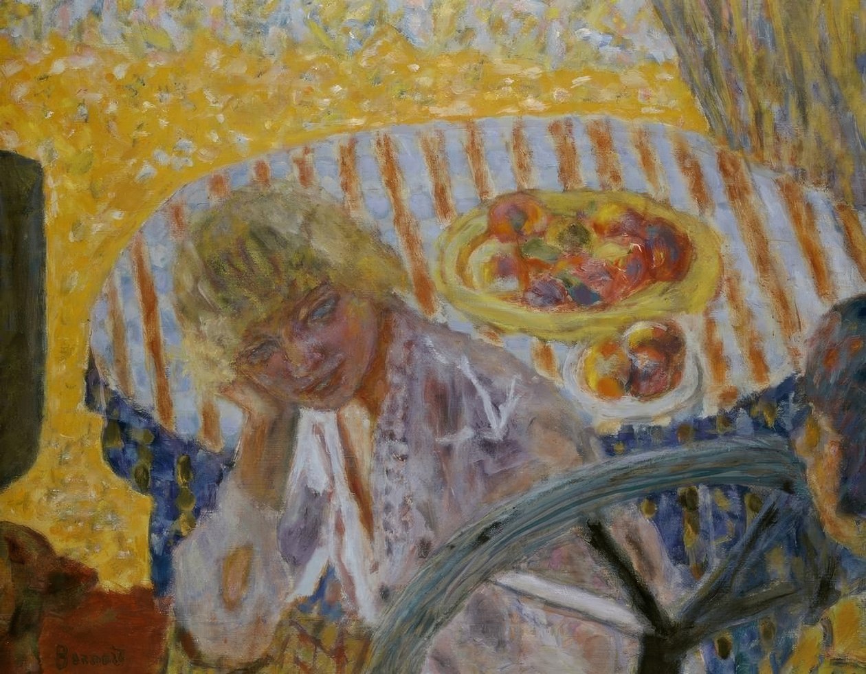 Ung kvinne med stripet duk av Pierre Bonnard