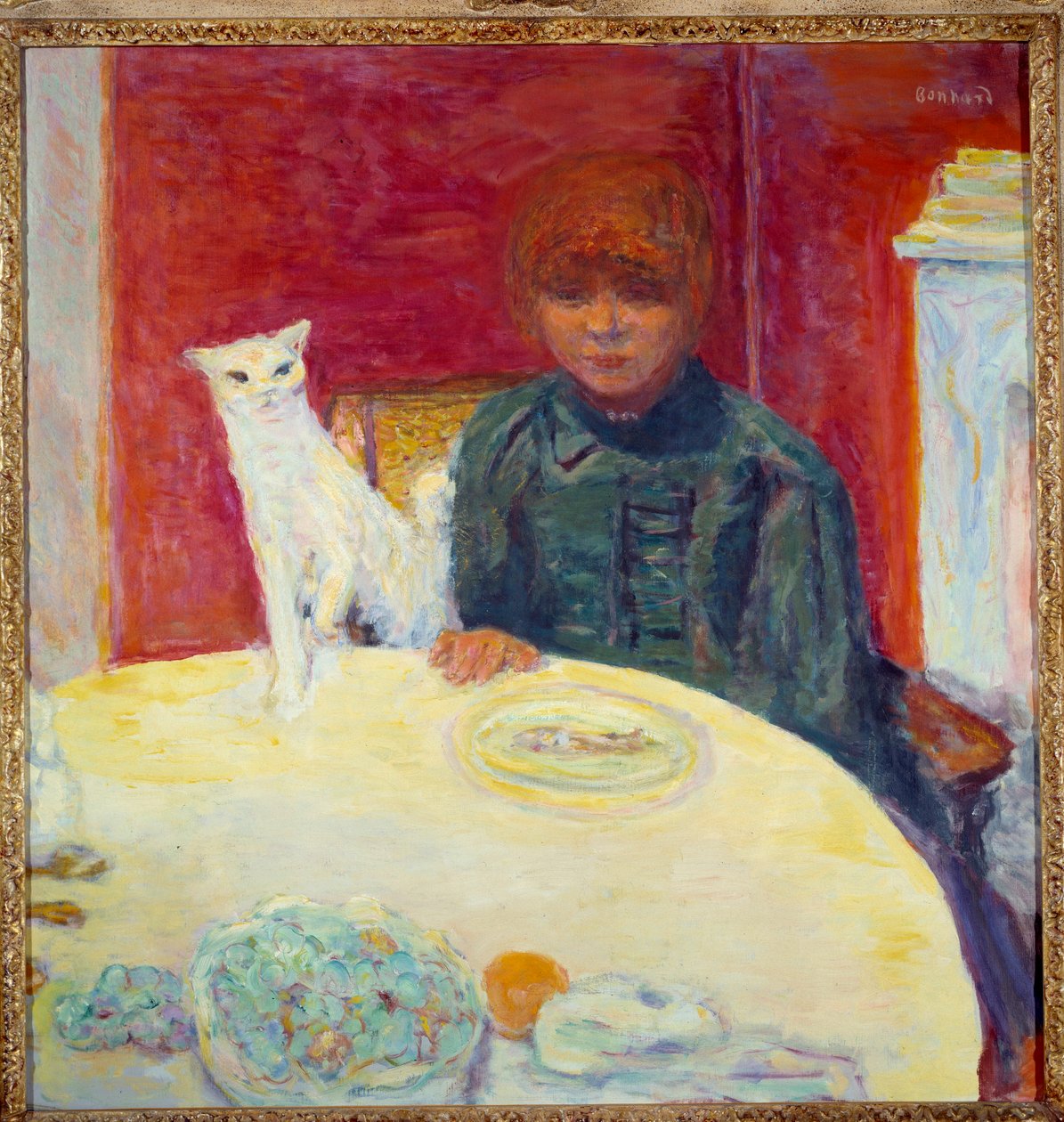 La woman au chat ou le chat krevende Maleri av Pierre Bonnard (1867-1947) 20. århundre Sun. 0,78x0,77 m Paris, musee d