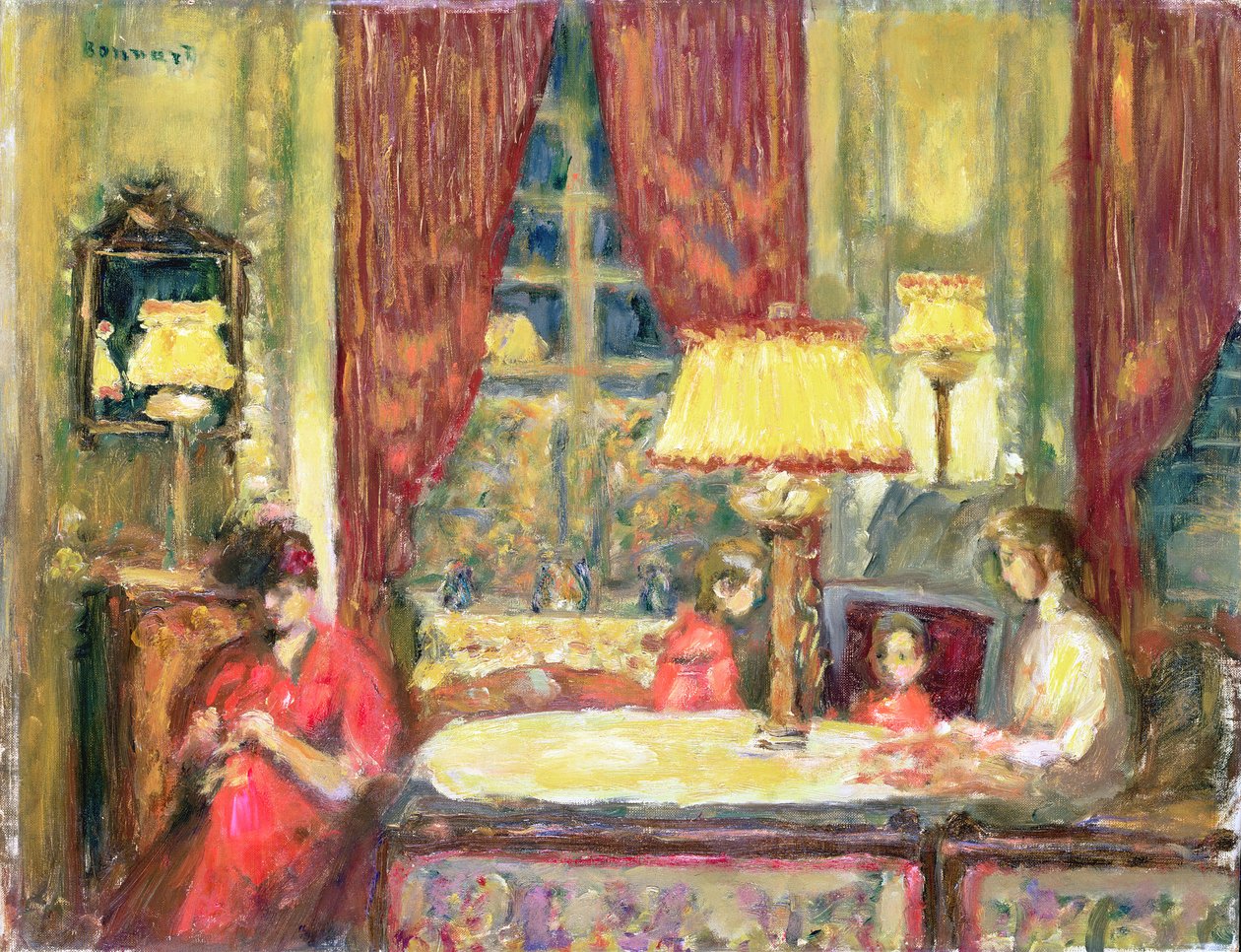Lampeopplyst interiør med figurer (olje på lerret) av Pierre Bonnard