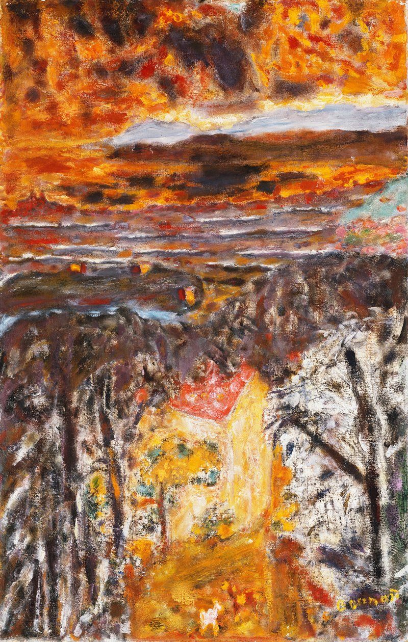 Landskap, det rosa huset, solnedgang; Landskap, Det rosa huset, solnedgang, ca. 1934 (olje på lerret) av Pierre Bonnard