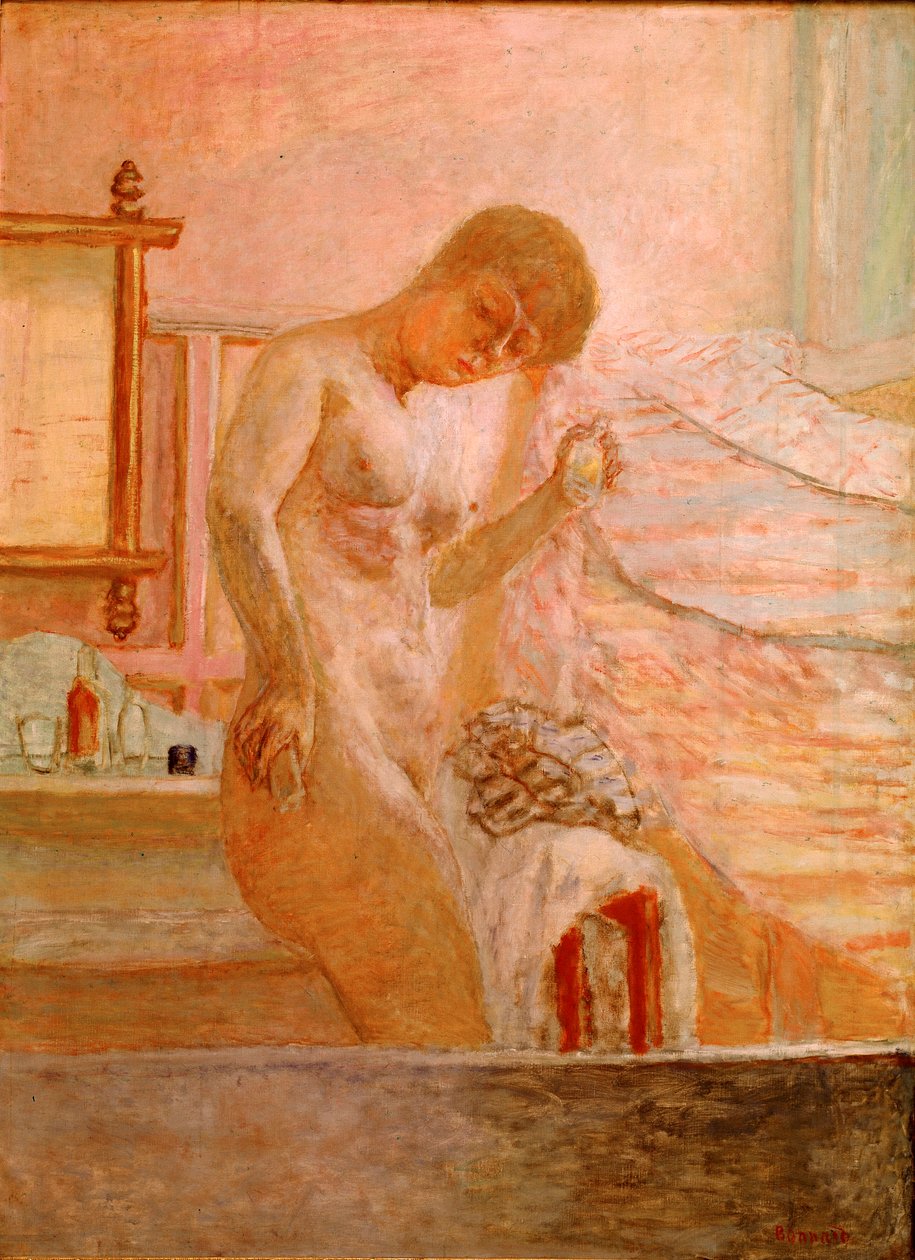 Naken står ved toalettet hans Maleri av Pierre Bonnard (1867-1947) 1920 Paris, samling Alphonse Bellier av Pierre Bonnard