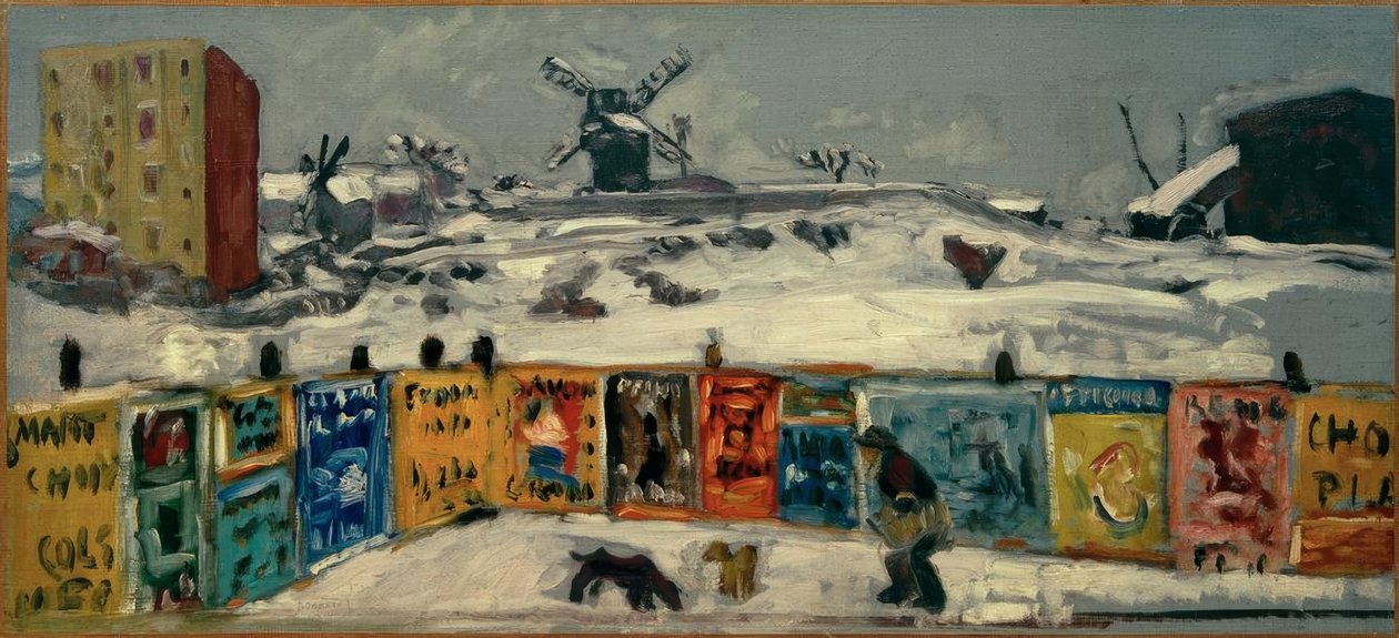 Palisade, plakater (Palisade dekket med plakater, og de gamle Montmartre-møllene under snøen) av Pierre Bonnard