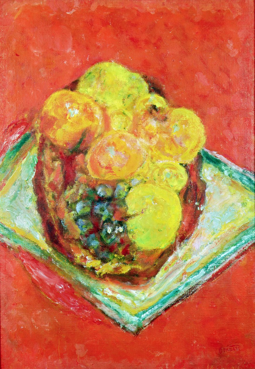 Fersken og druer på en rød duk, ca. 1943 (olje på lerret) av Pierre Bonnard