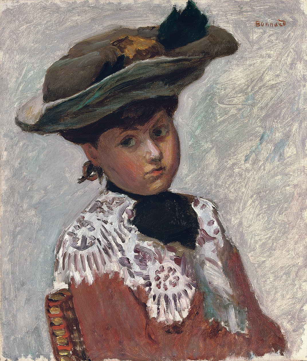 Portrett av en ung kvinne eller hatten; Portrait of a Young Woman (The Hat), ca. 1905 (olje på lerret lagt ned om bord) av Pierre Bonnard