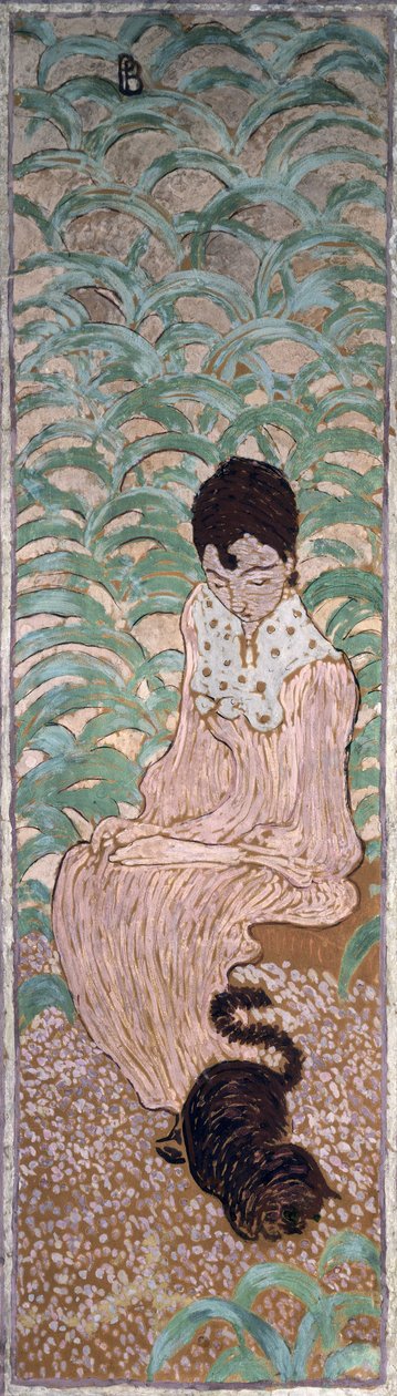 Sittende kvinne med en katt, et av fire paneler av Women in the Garden, 1891 (olje på papir på lerret) av Pierre Bonnard
