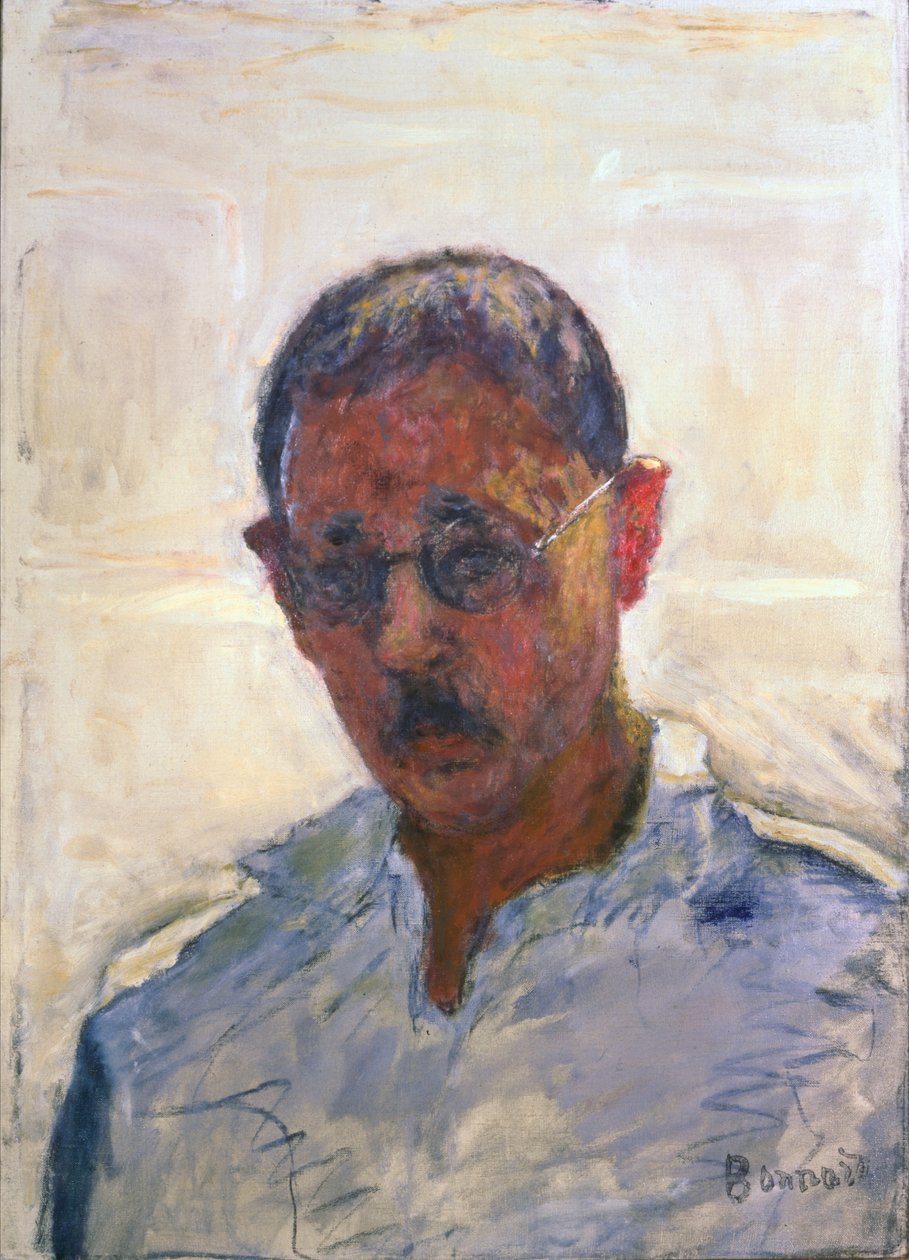 Selvportrett på hvit bakgrunn med skjorte med åpen hals (olje på lerret) av Pierre Bonnard