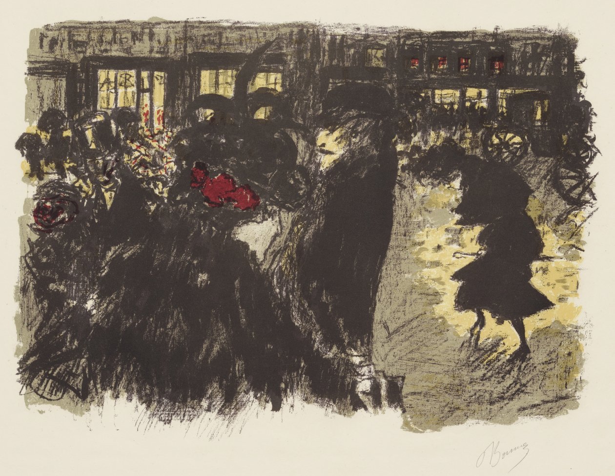Some Aspects of Life in Paris, 7: The Square in the Evening, ca. 1898 (litho i gult, rødt, fiolett, grønnlig grått på vevd papir) av Pierre Bonnard