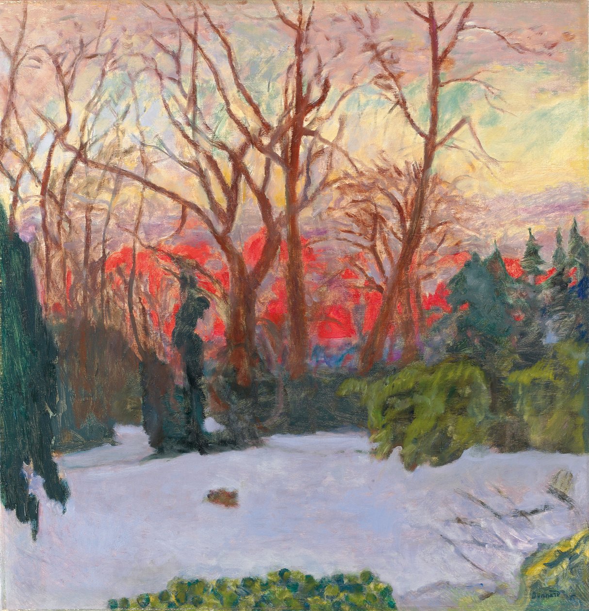 Hagen under snø, solnedgang; The Garden in the Snow, Setting Sun, ca. 1910 (olje på lerret) av Pierre Bonnard