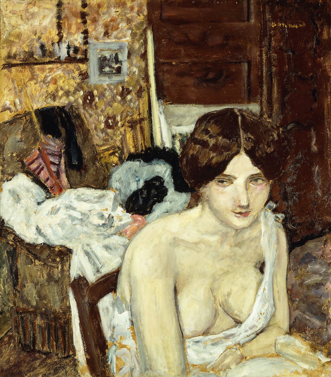Hvilemodellen; Le Repos de Modele, ca. 1910 (olje om bord) av Pierre Bonnard