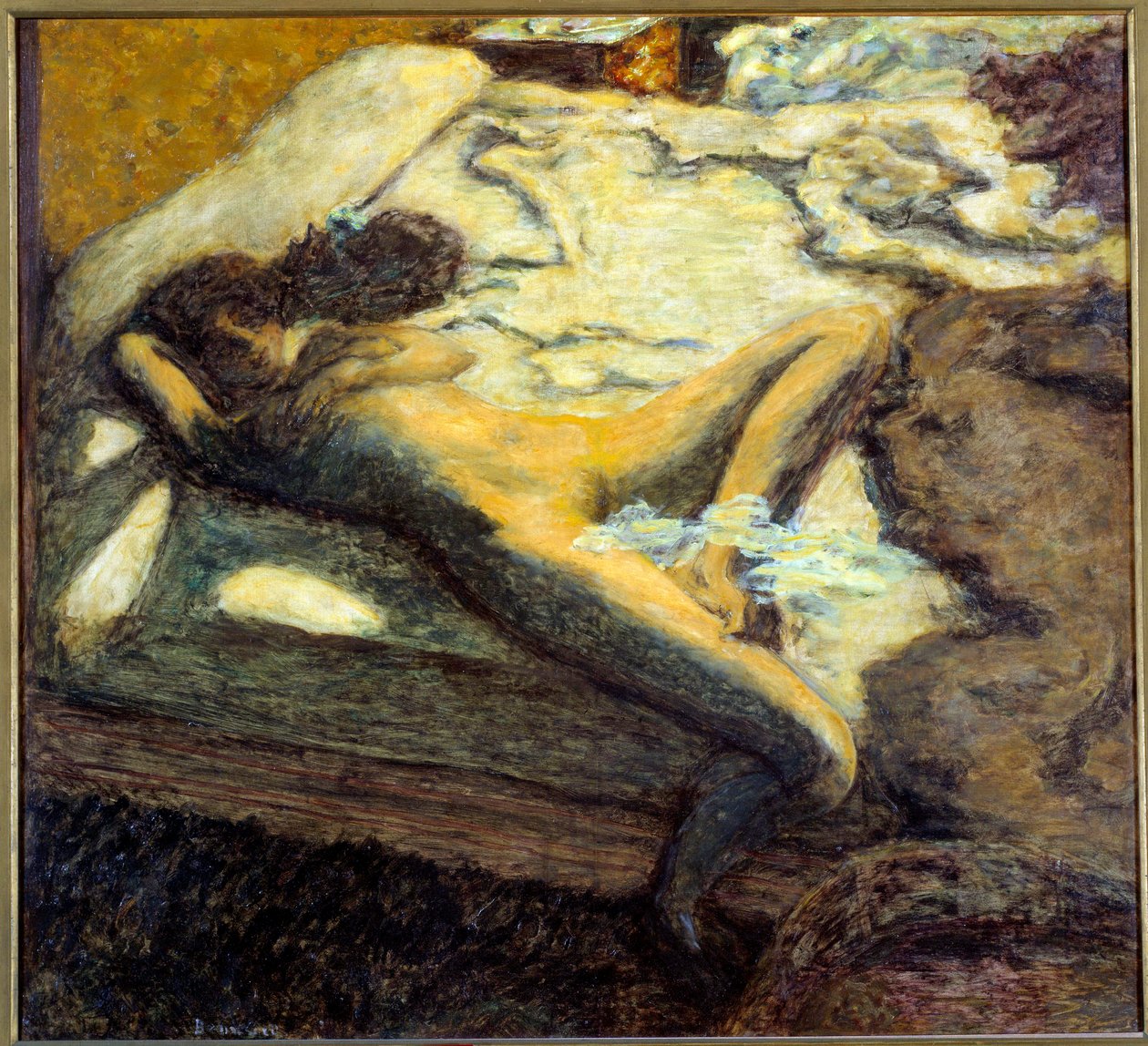 Den indolente nakne unge kvinnen liggende på en seng. Maleri av Pierre Bonnard (1867-1947) 1899 Søn. 0,96x1,06 m Paris, musee d
