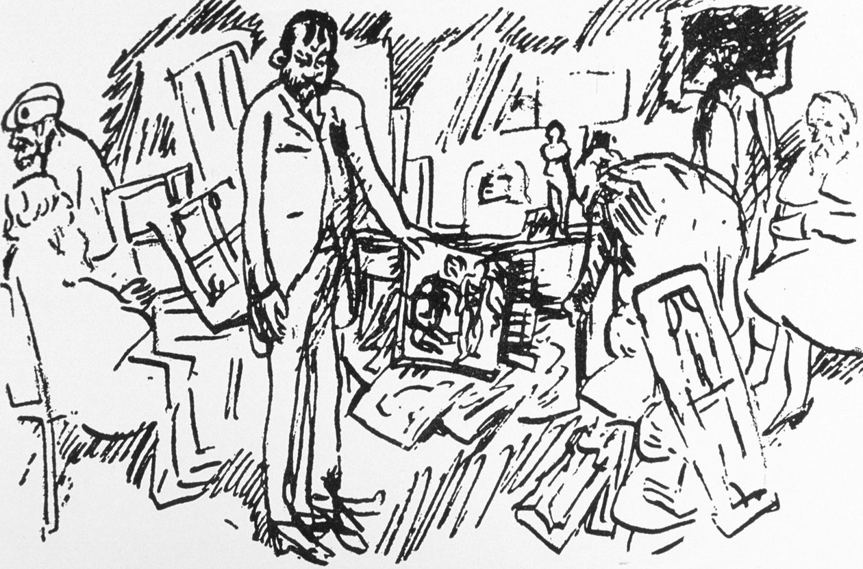 Butikken til den parisiske kunsthandleren Ambroise Vollard i Paris rundt 1895: malerne Camille Pissarro, Auguste Renoir, Pierre Bonnard og Edgar Degas med en klient (penn og blekk på papir) av Pierre Bonnard