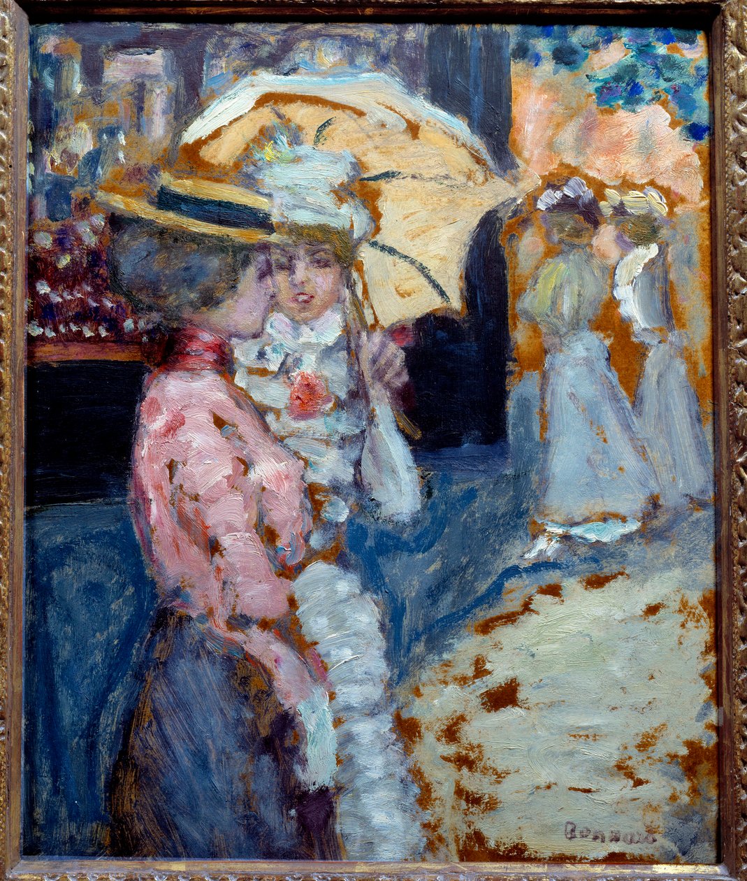 Turen To elegante unge kvinner kledd i mote Belle Epoque snakker under paraplyen deres. Maleri av Pierre Bonnard (1867-1947) 1900 Søn. 0,38x0,21 m Privat samling av Pierre Bonnard