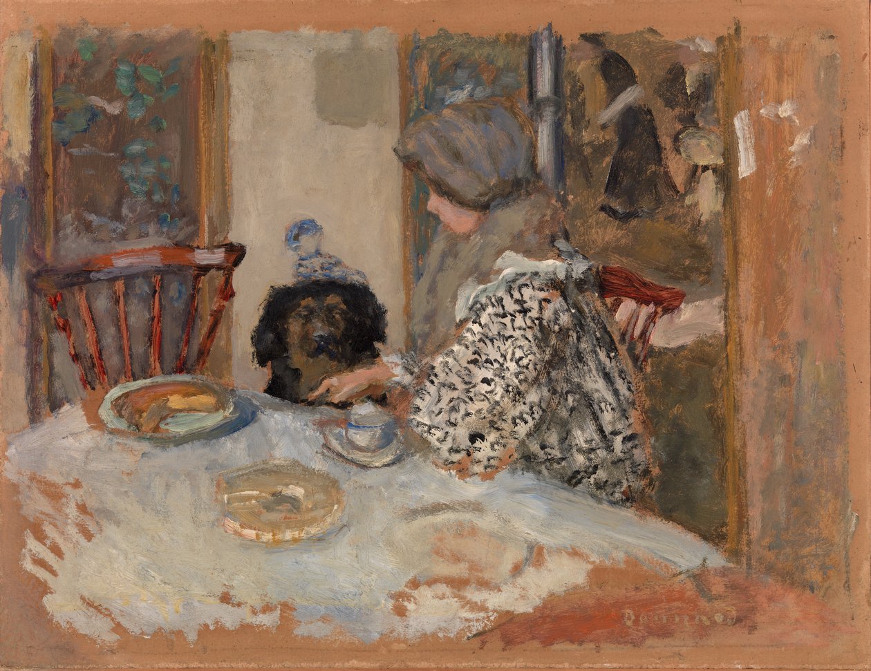 Kvinne med hund, eller kvinne og hund ved bordet av Pierre Bonnard