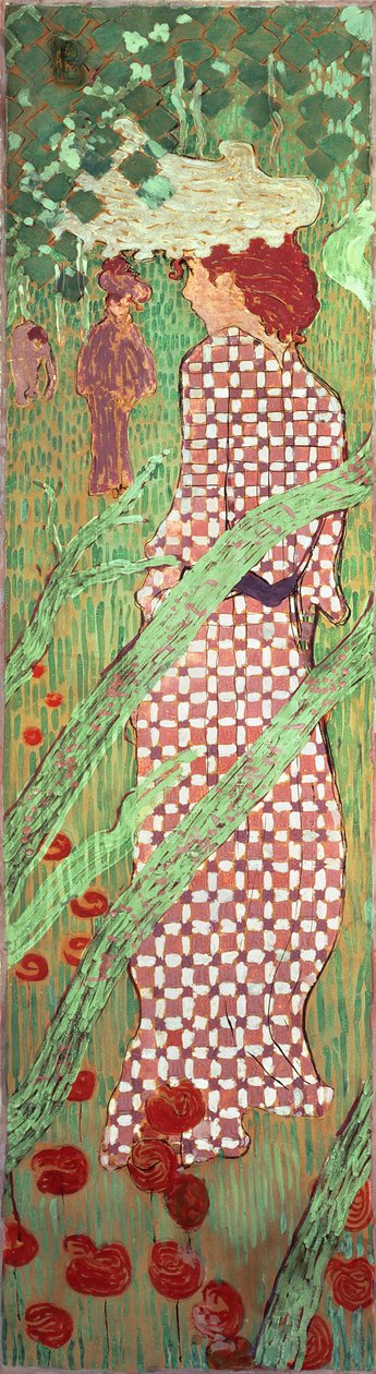 Woman with a Checked Dress, ett av fire paneler av Women in the Garden, 1891 (olje på papir på lerret) av Pierre Bonnard