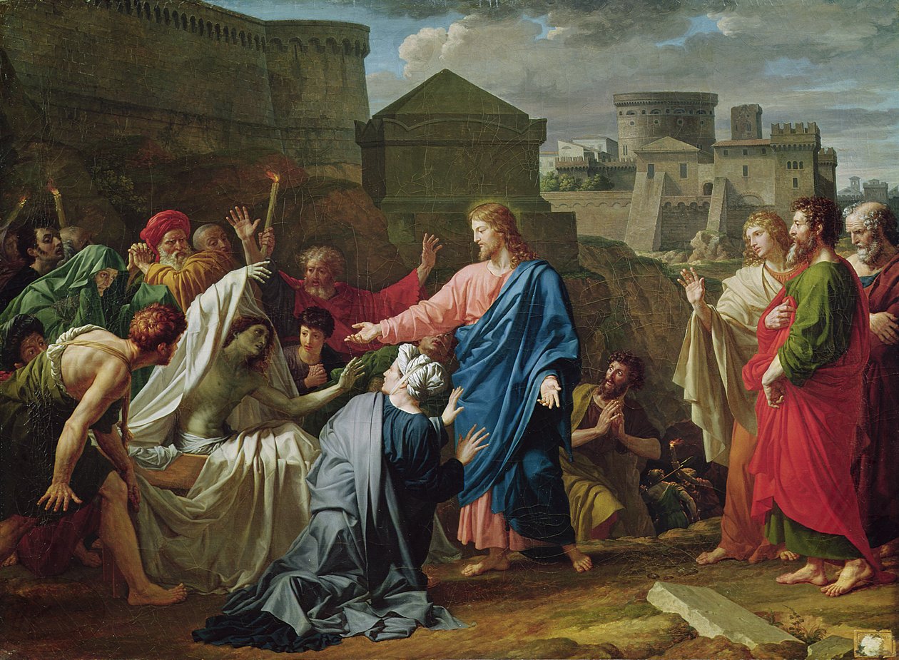 Jesus gjenoppstår sønnen til enken av Naim (olje på lerret) av Pierre Bouillon