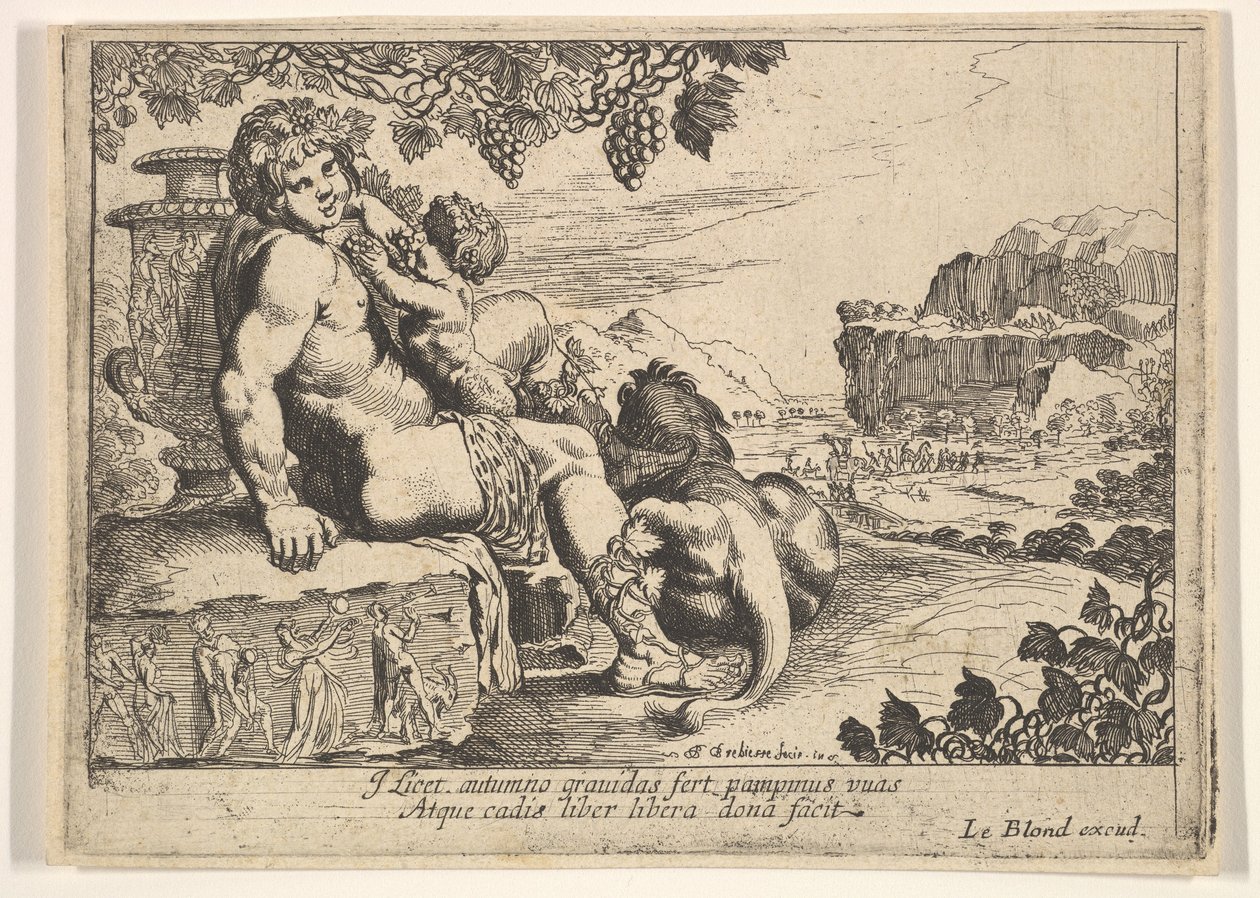 Bacchus, Satyr og Løve, 1610-42. av Pierre Brebiette