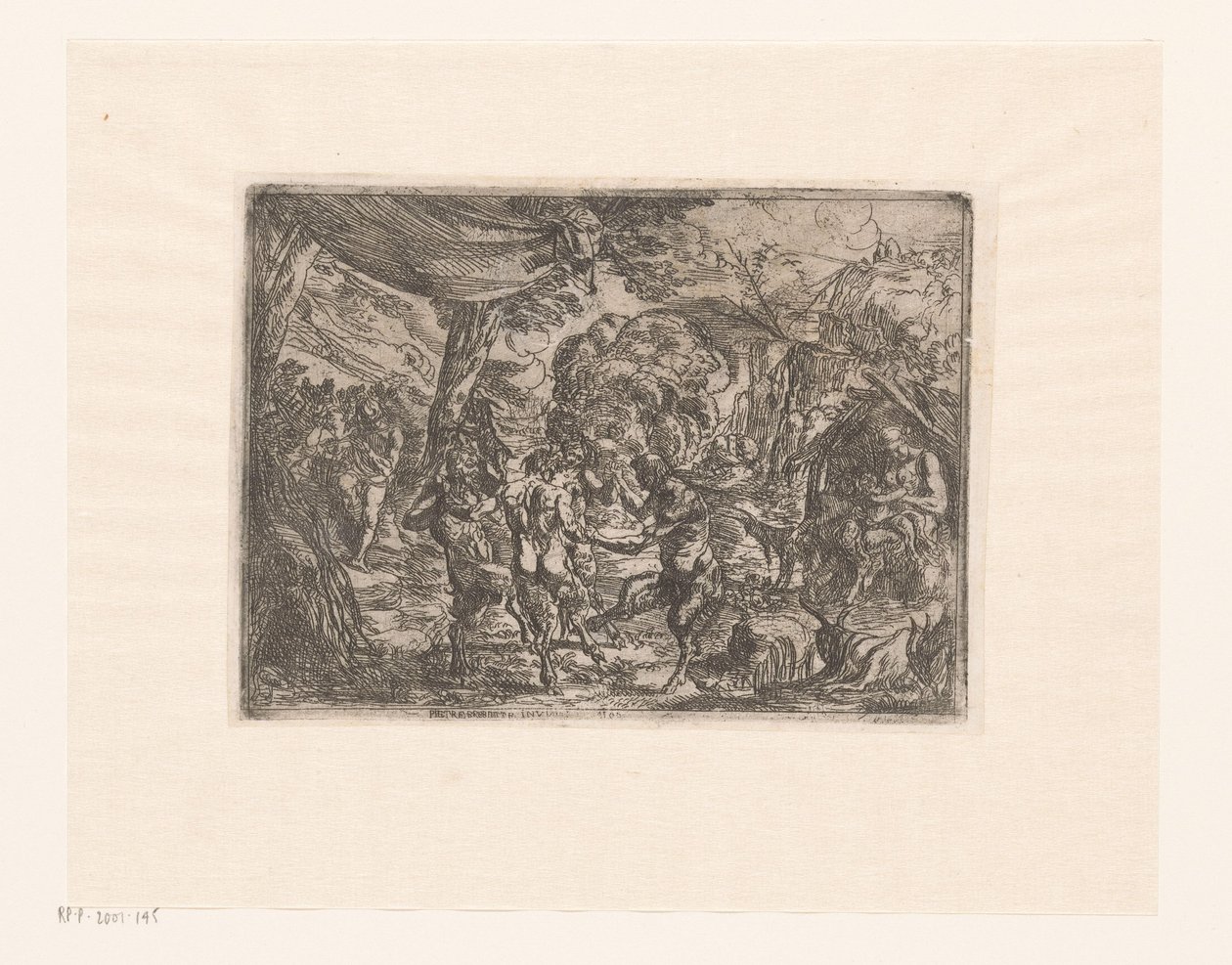 Dansende nymfer og satyrer i et landskap av Pierre Brebiette