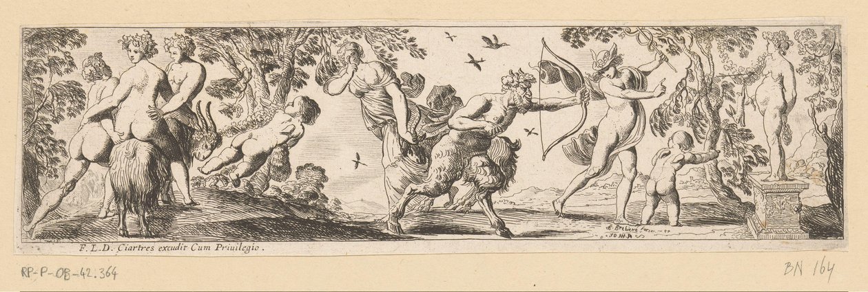 Satyr skyter en pil mot en statue av Bacchus mens Mercury ser på av Pierre Brebiette
