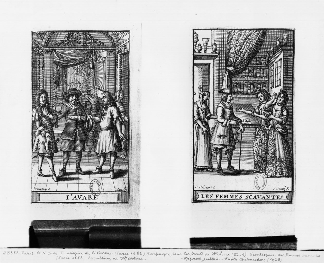 Moliere som Harpagon, frontispice for 'The Miser', 1668, og frontispice for 'Learned Ladies', 1672, av Moliere (1622-73) gravert av Jean Sauve (fl.1660-91) utgitt i Paris i 1682 (f. av Pierre Brissart