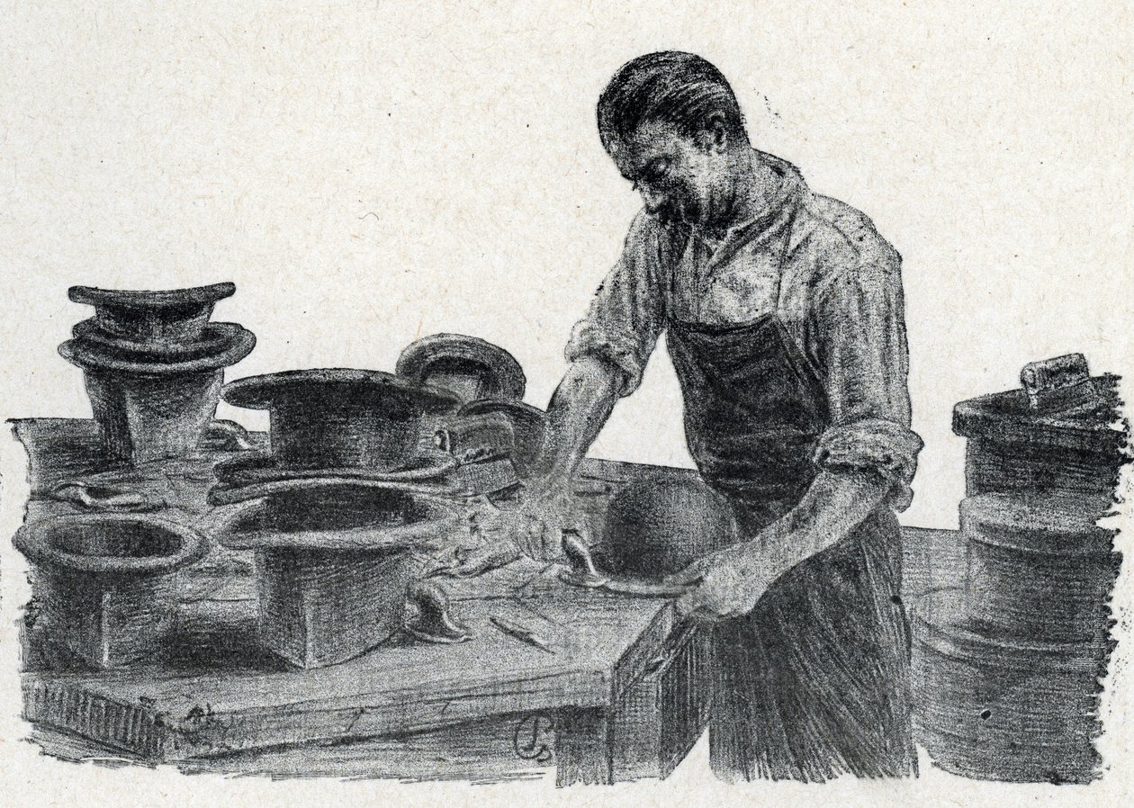 Hattemaker: fastklemming av kantene på en bowlerhatt (lage en bowlerhatt) Gravering hentet fra "Excursion a travers les metiers" av Pierre Calmette Private Collection av Pierre Calmettes