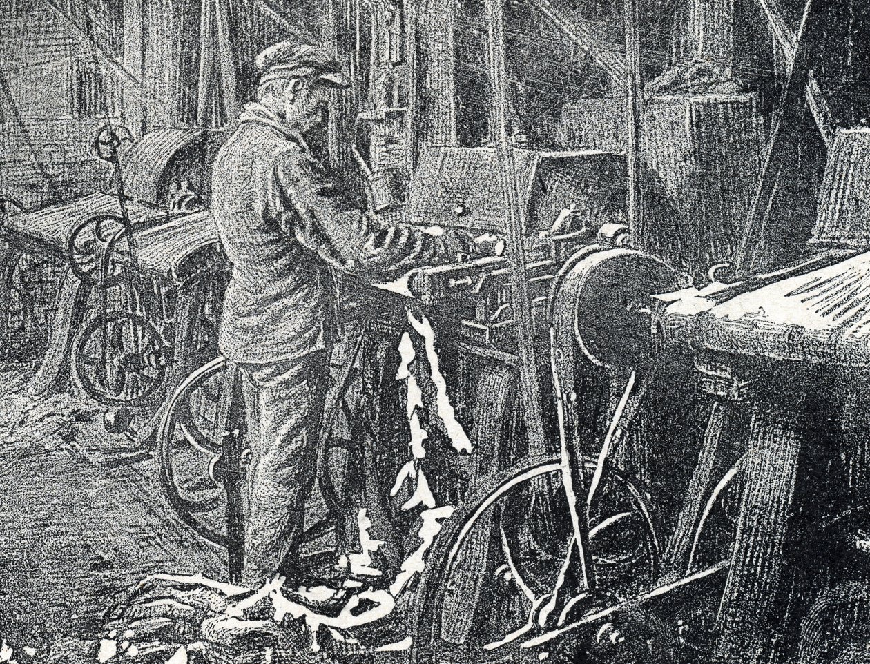 Lærindustri: mekanisk klipping av pelsverk Gravering fra "Excursion a travers les metiers" av Pierre Calmette Private Collection av Pierre Calmettes