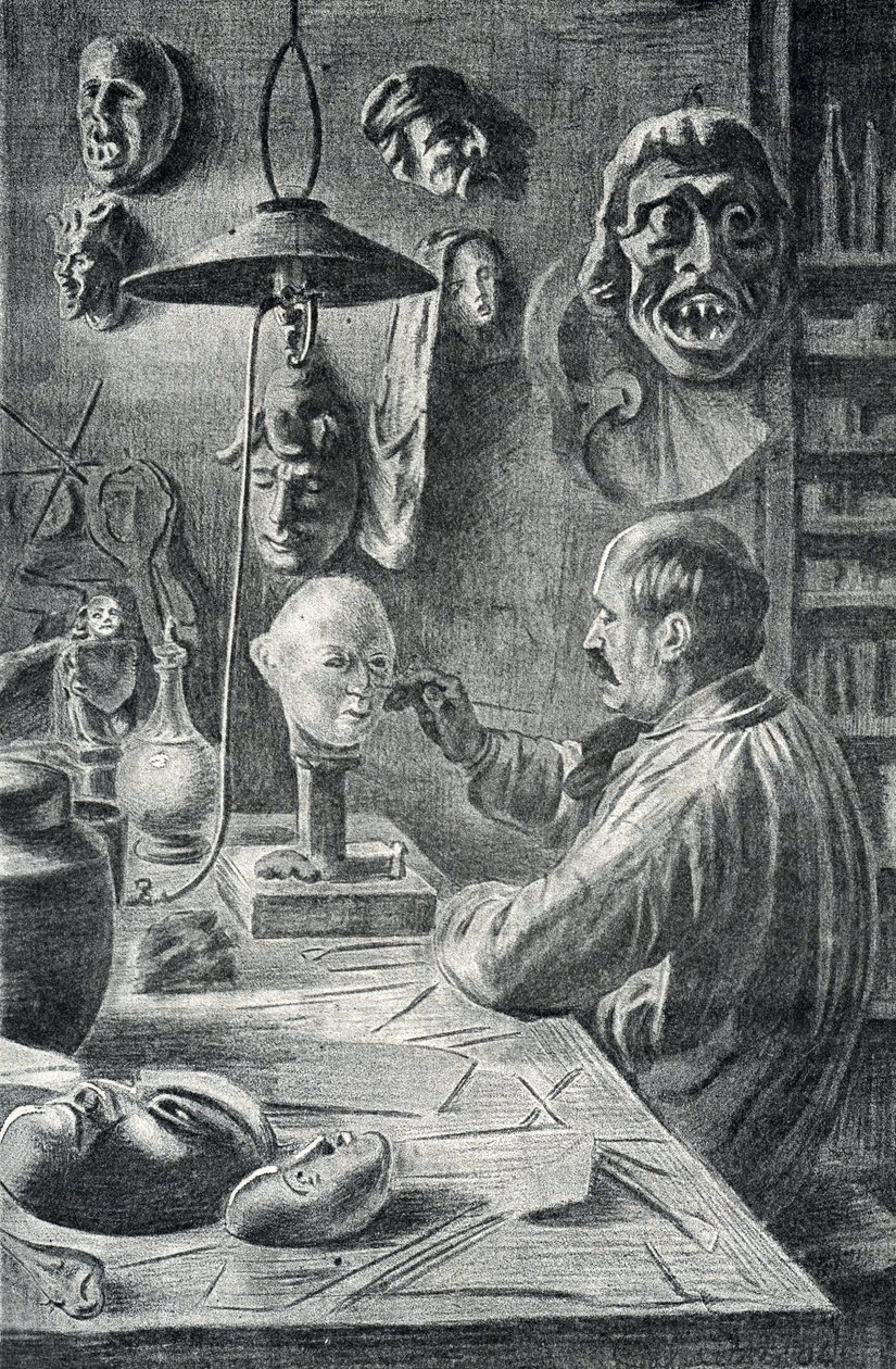 Produksjon av teater- og forkledningsmasker Gravering fra "Excursion a travers les metiers" av Pierre Calmette Private Collection av Pierre Calmettes